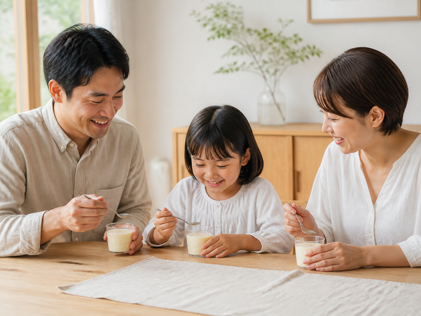 笑顔で甘夏のヨーグルトムースを楽しむご家族